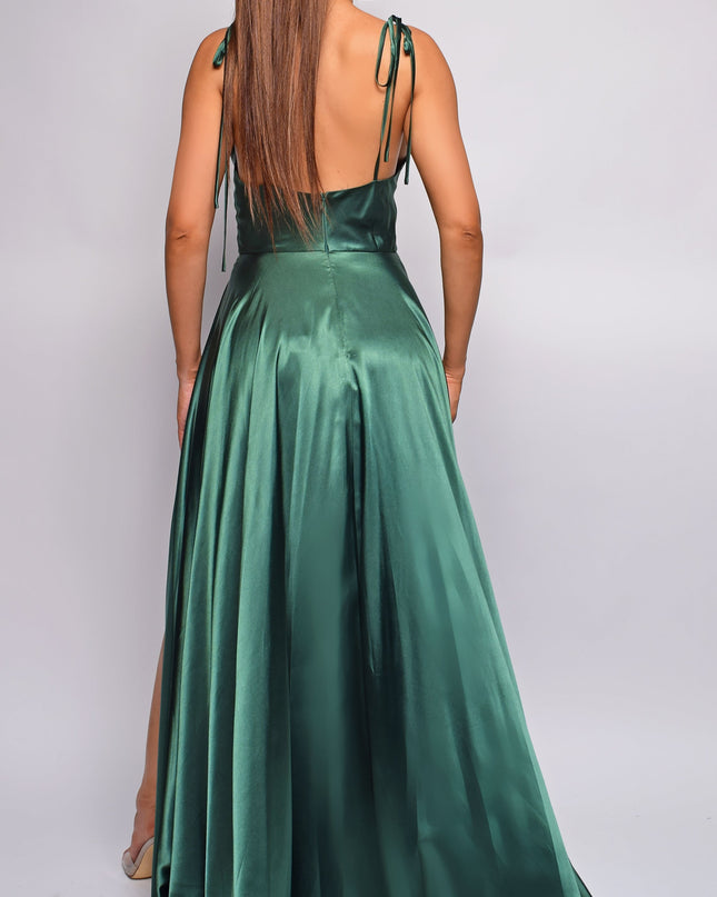 Green Emerald Drape Neck Slit Satin Gown