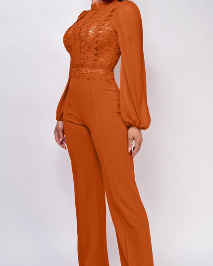 Cognac Brown Crochet Lace Mesh Jumpsuit