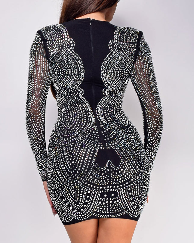 Black Mesh Rhinestone Mini Dress