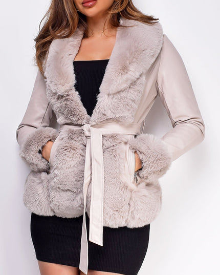 Cream Beige PU Leather Belted Coat