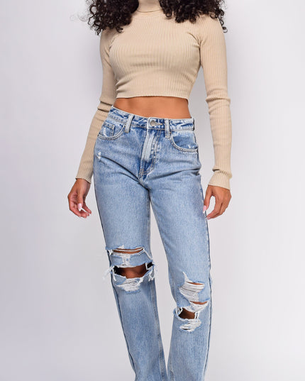 Blue Knee Distressed Straight Leg Jeans