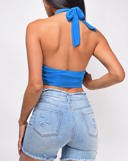 Blue Wrap Halter Neck Crop Top