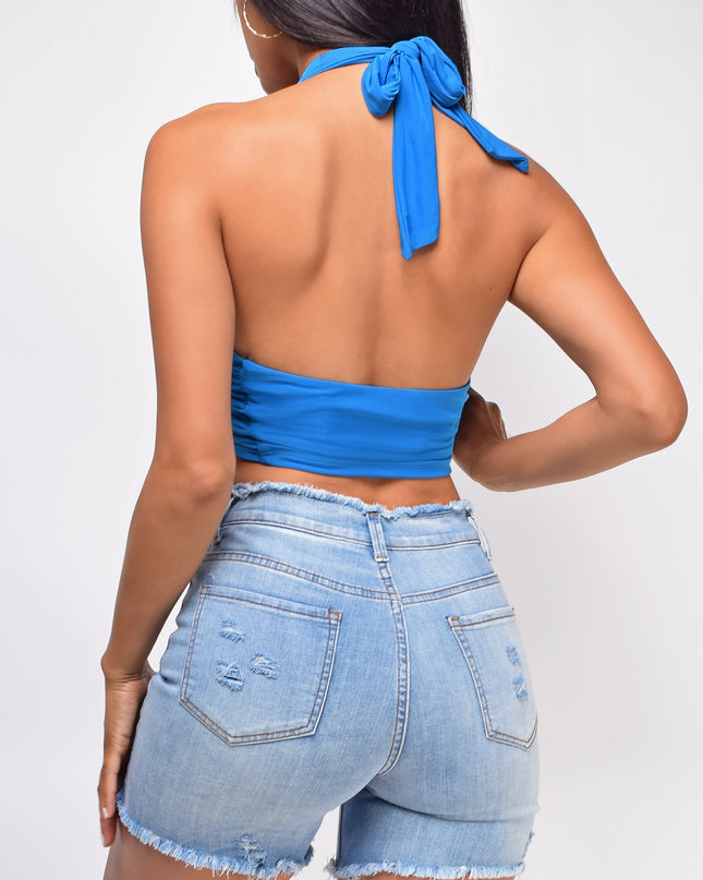 Blue Wrap Halter Neck Crop Top