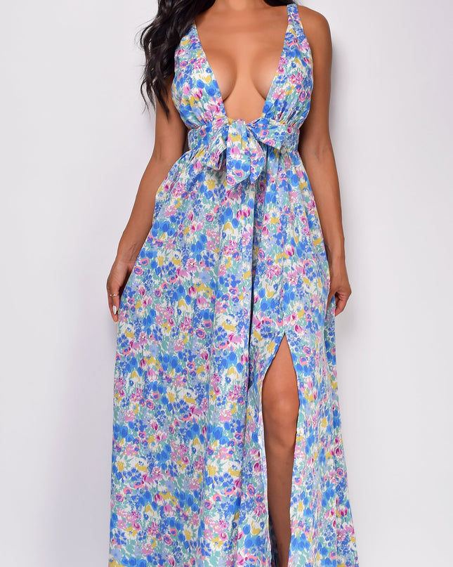 Blue Floral Print Maxi Dress