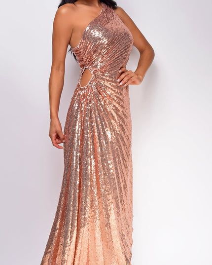 Rose Gold Sequin Asymmetrical Pleated Maxi Dress