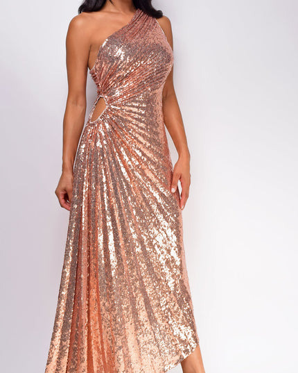 Rose Gold Sequin Asymmetrical Pleated Maxi Dress