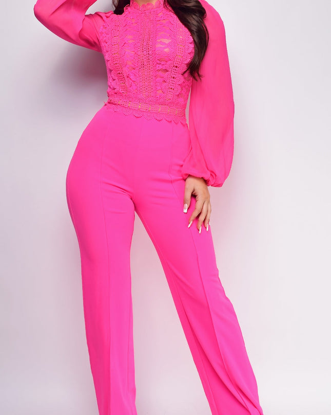 Ultra Pink Crochet Lace Mesh Jumpsuit
