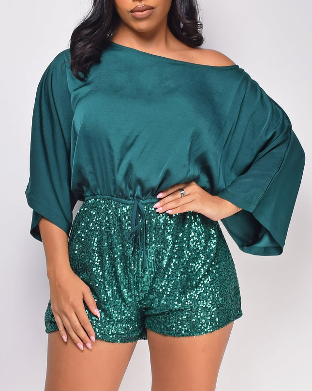 Green Off Shoulder Satin Sequin Romper