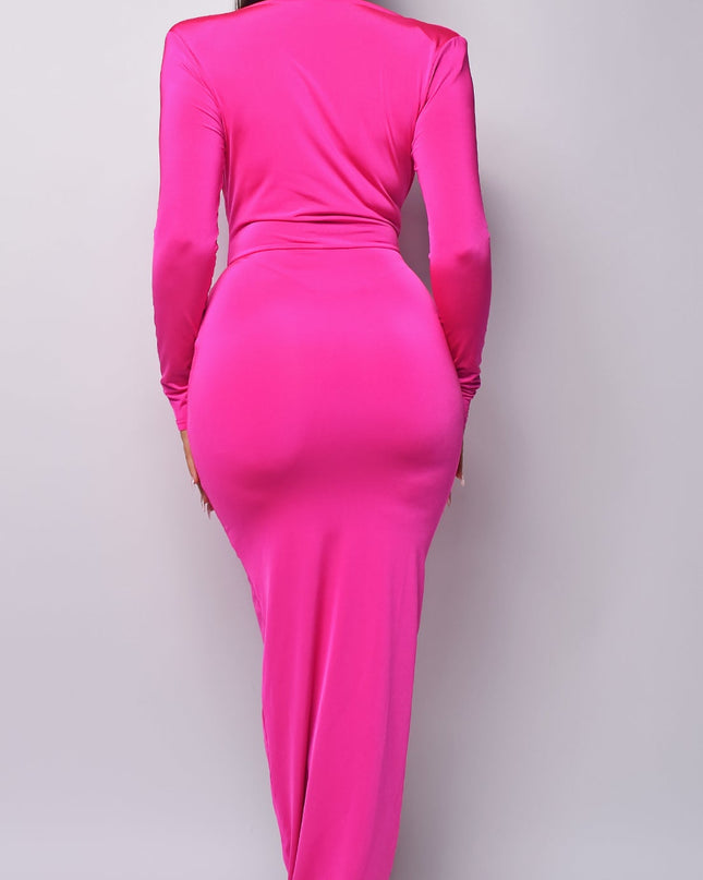 Fuchsia Pink V Plunge Drape Dress