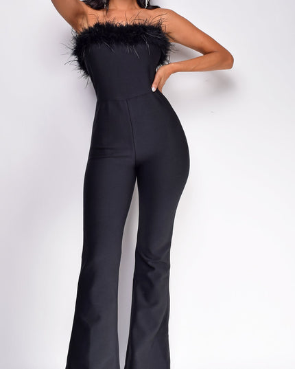 Black Feather Detail Bandage Jumpsuit