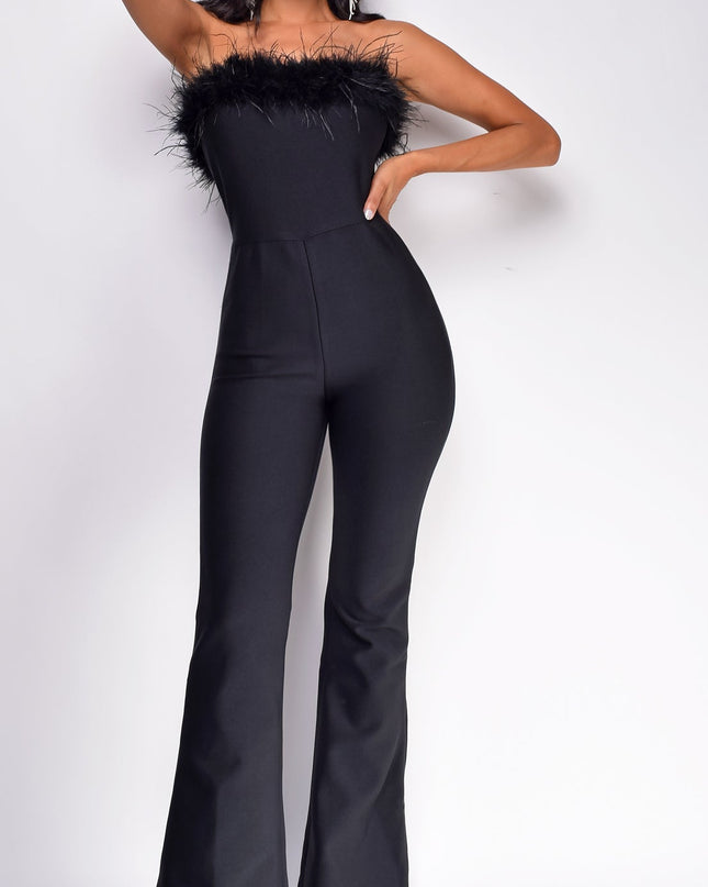Black Feather Detail Bandage Jumpsuit