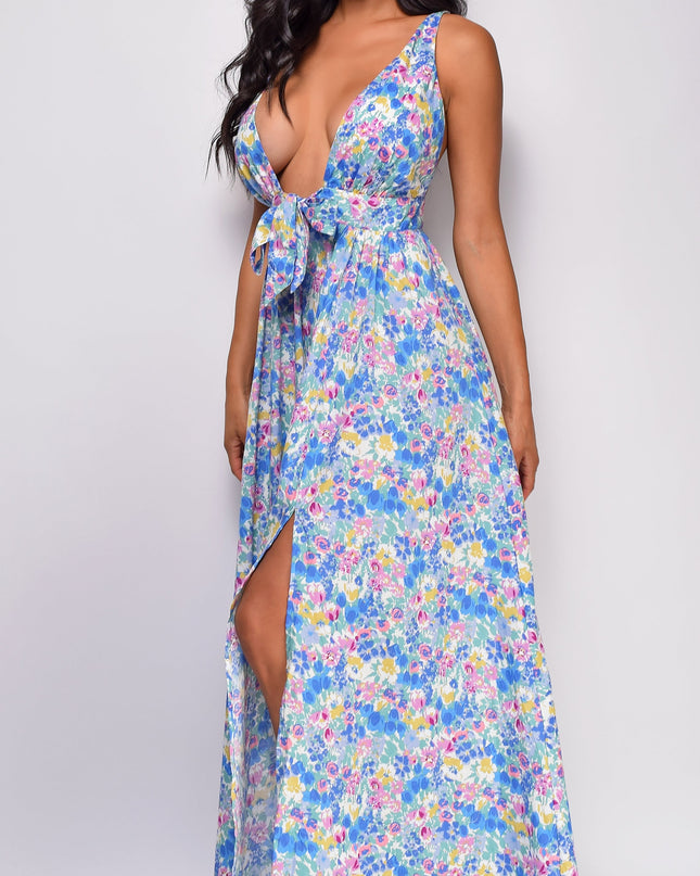 Blue Floral Print Maxi Dress