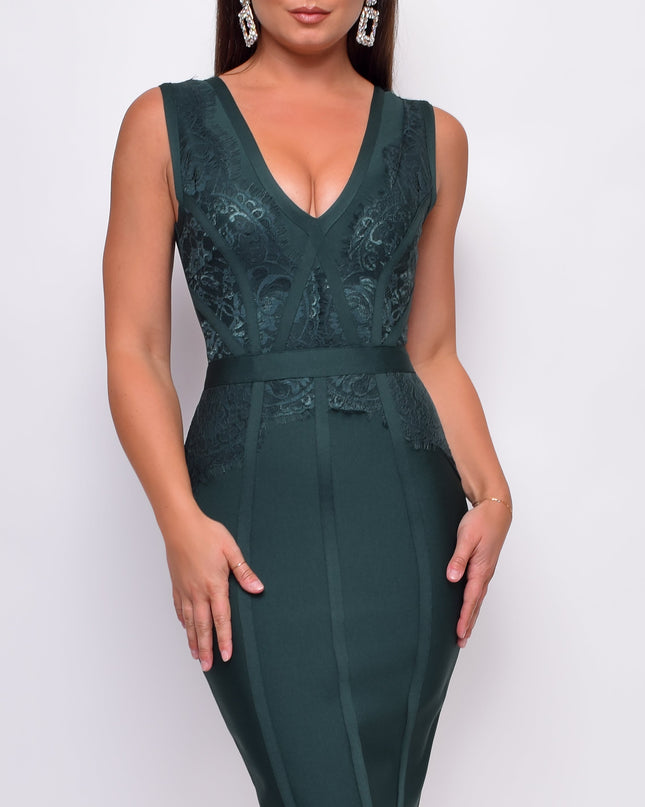 Green V Neck Lace Bandage Midi Dress