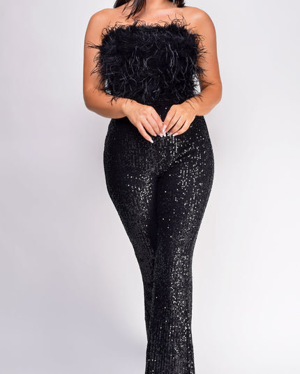 Black Feather Sequin Jumpsuit