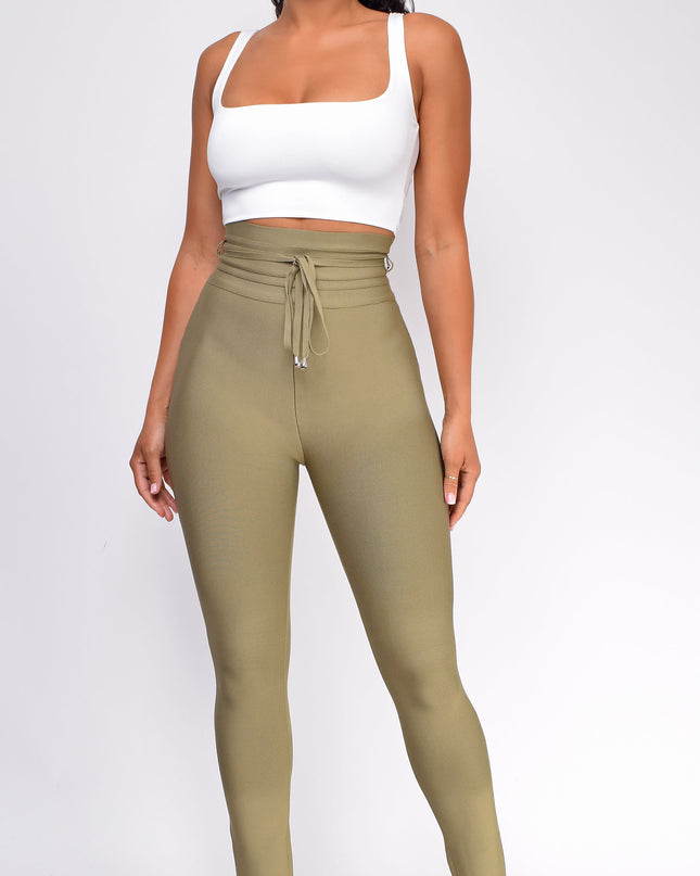 Olive Green High Waist Belted Bandage Pants