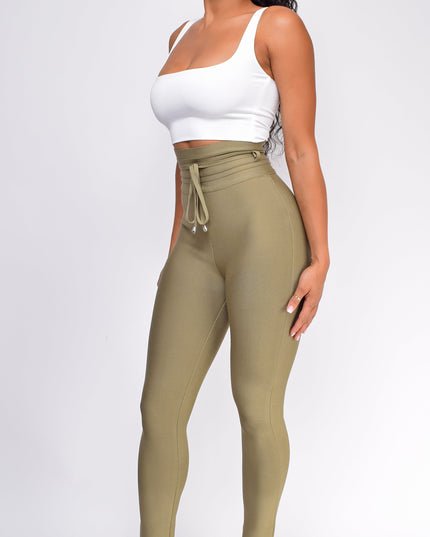 Olive Green High Waist Belted Bandage Pants
