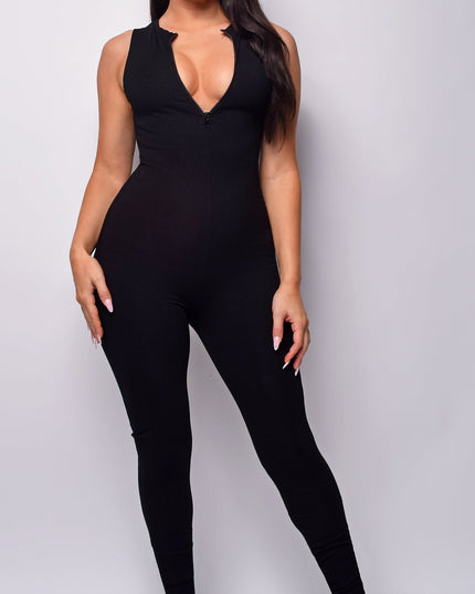 Black Snatched Zipper Sleeveless Jumpsuit