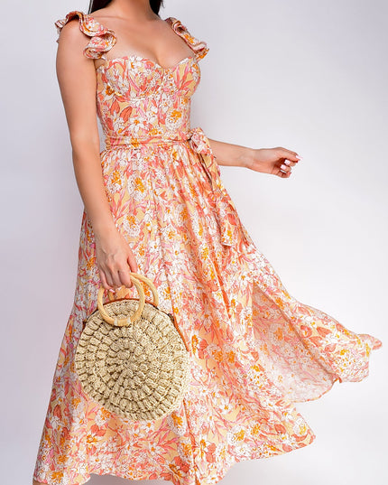 Sunset Floral Corset Ruffle Midi Dress
