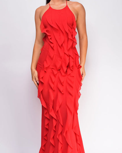 Red Halter Ruffle Maxi Dress