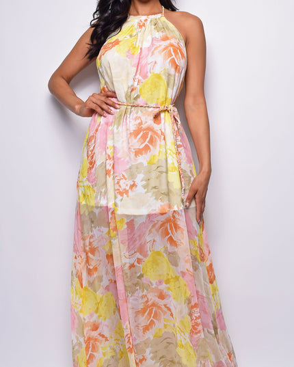 White Yellow Multi Color Floral Print Maxi Dress