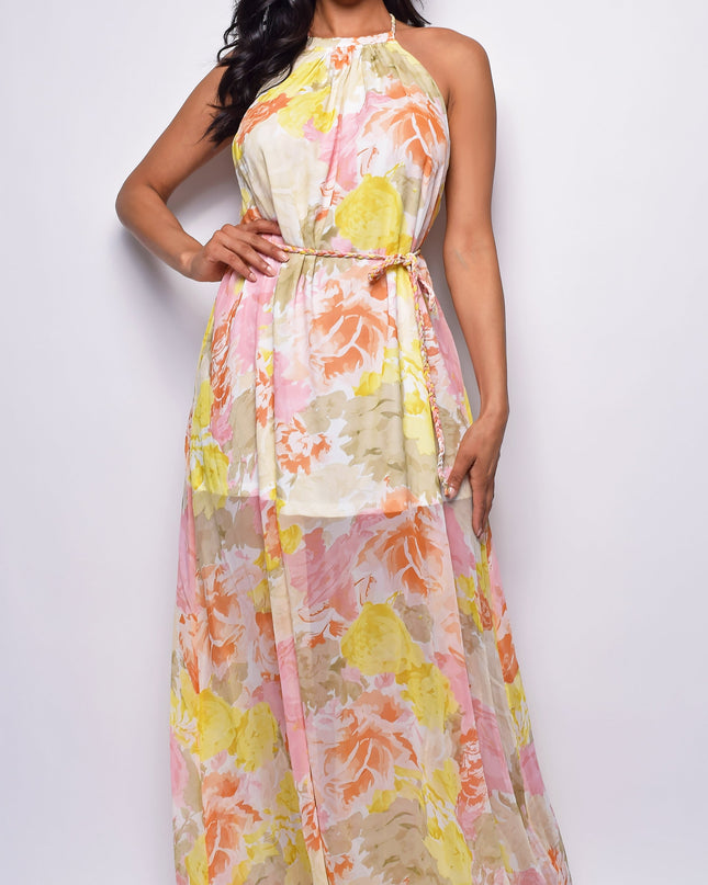 White Yellow Multi Color Floral Print Maxi Dress