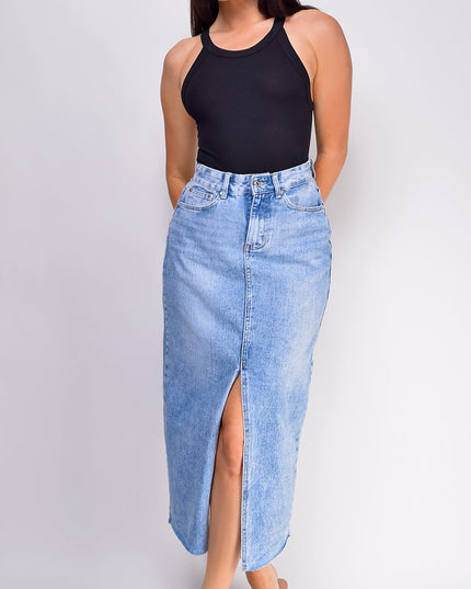 Blue High Rise Denim Midi Skirt