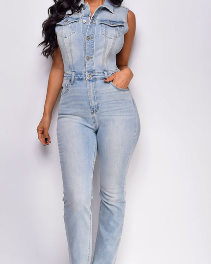 Blue Sleeveless Denim Jumpsuit
