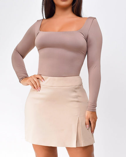 Taupe Square Neck Long Sleeve Bodysuit