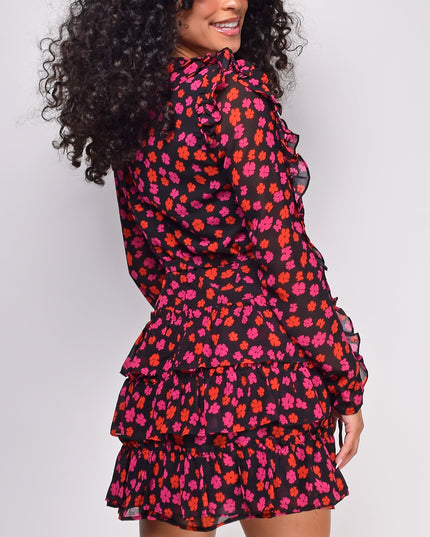 Black Floral Print Ruffle Mini Dress