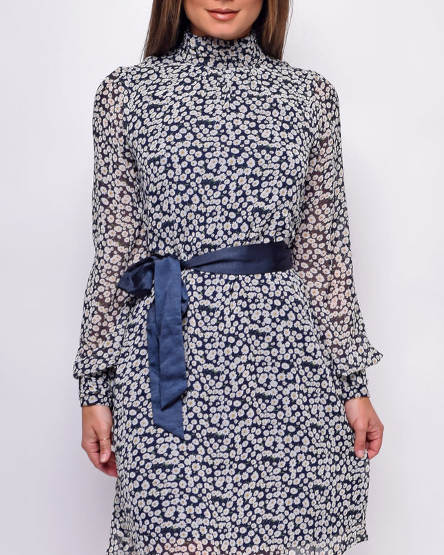 White Navy Floral Mock Neck Waist Tie Mini Dress