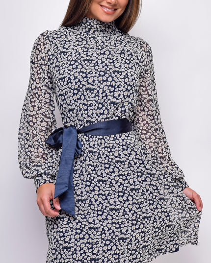 White Navy Floral Mock Neck Waist Tie Mini Dress