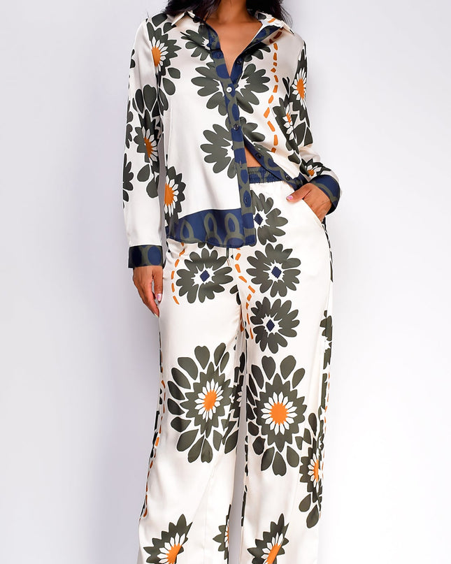 Cream Floral Print Satin Set