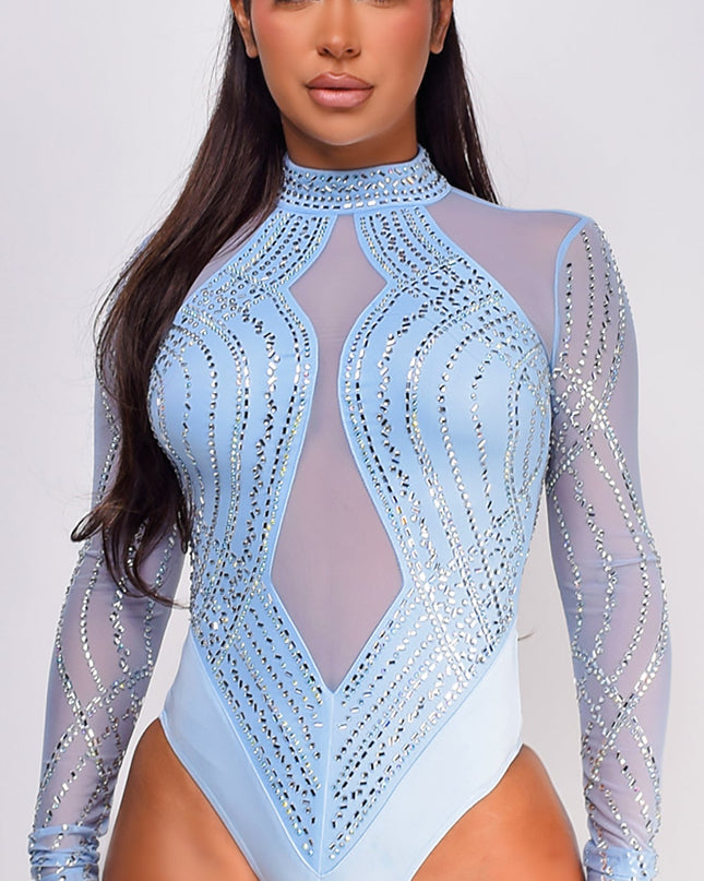 Blue Rhinestone Mesh Bodysuit