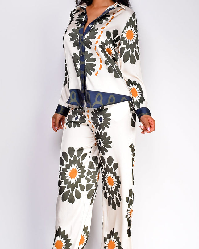Cream Floral Print Satin Set
