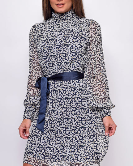 White Navy Floral Mock Neck Waist Tie Mini Dress