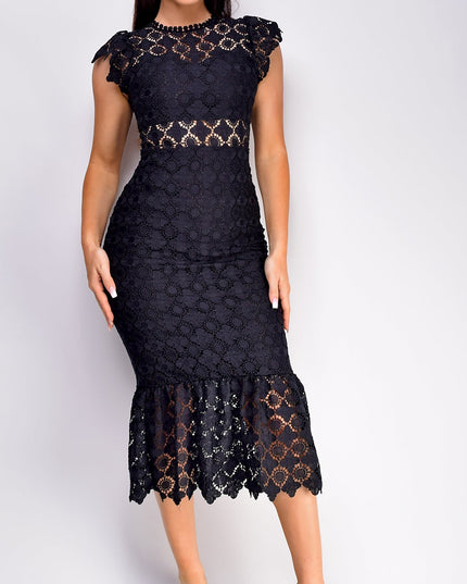 Black Lace Ruffle Midi Dress