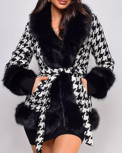 Black Houndstooth Faux Fur Coat