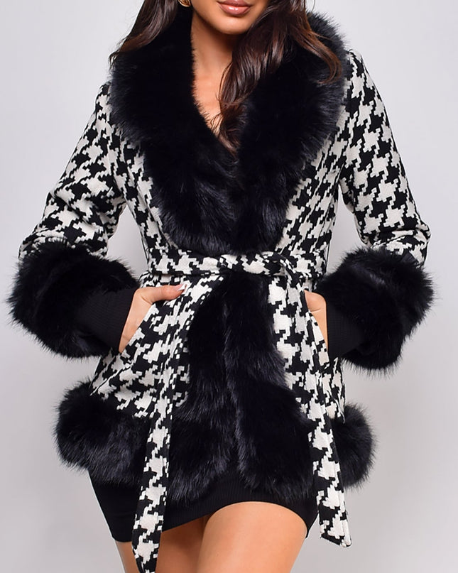 Black Houndstooth Faux Fur Coat