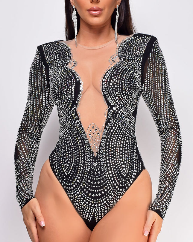 Black Mesh Rhinestone Bodysuit