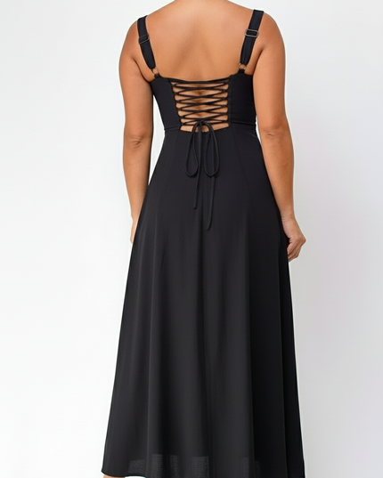 Black Bustier Lace Up Midi Dress
