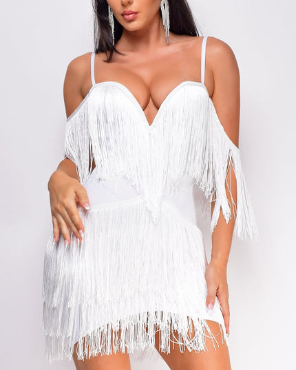 White Fringe Off The Shoulder Bandage Dress