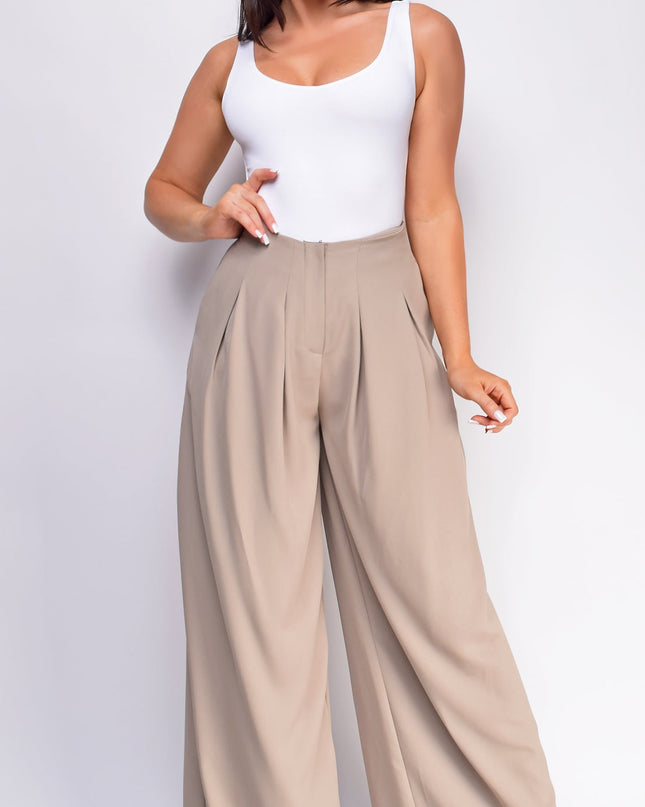 Beige Wide Pleated Wide Leg Pants