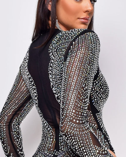 Black Mesh Rhinestone Bodysuit