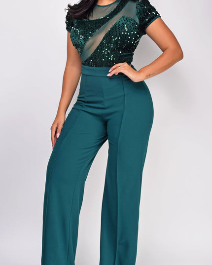 Green Sequin Mesh Short Sleeve Jumpsuit