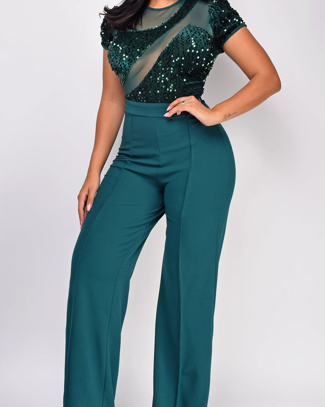 Green Sequin Mesh Short Sleeve Jumpsuit