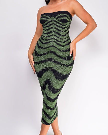 Green Black Metallic Print Midi Dress