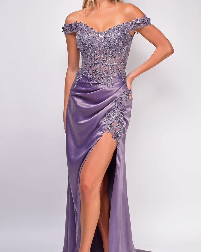 Lavender Purple Off Shoulder Sequin Gown