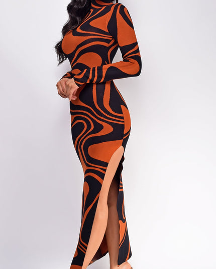 Black Rust Brown Jacquard Side Slit Maxi Dress
