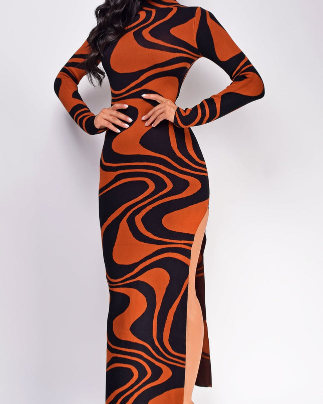 Black Rust Brown Jacquard Side Slit Maxi Dress