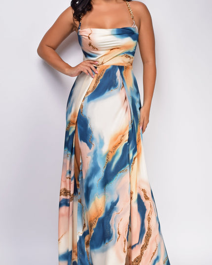 Beige Blue Multi Marble Double Slit Maxi Dress